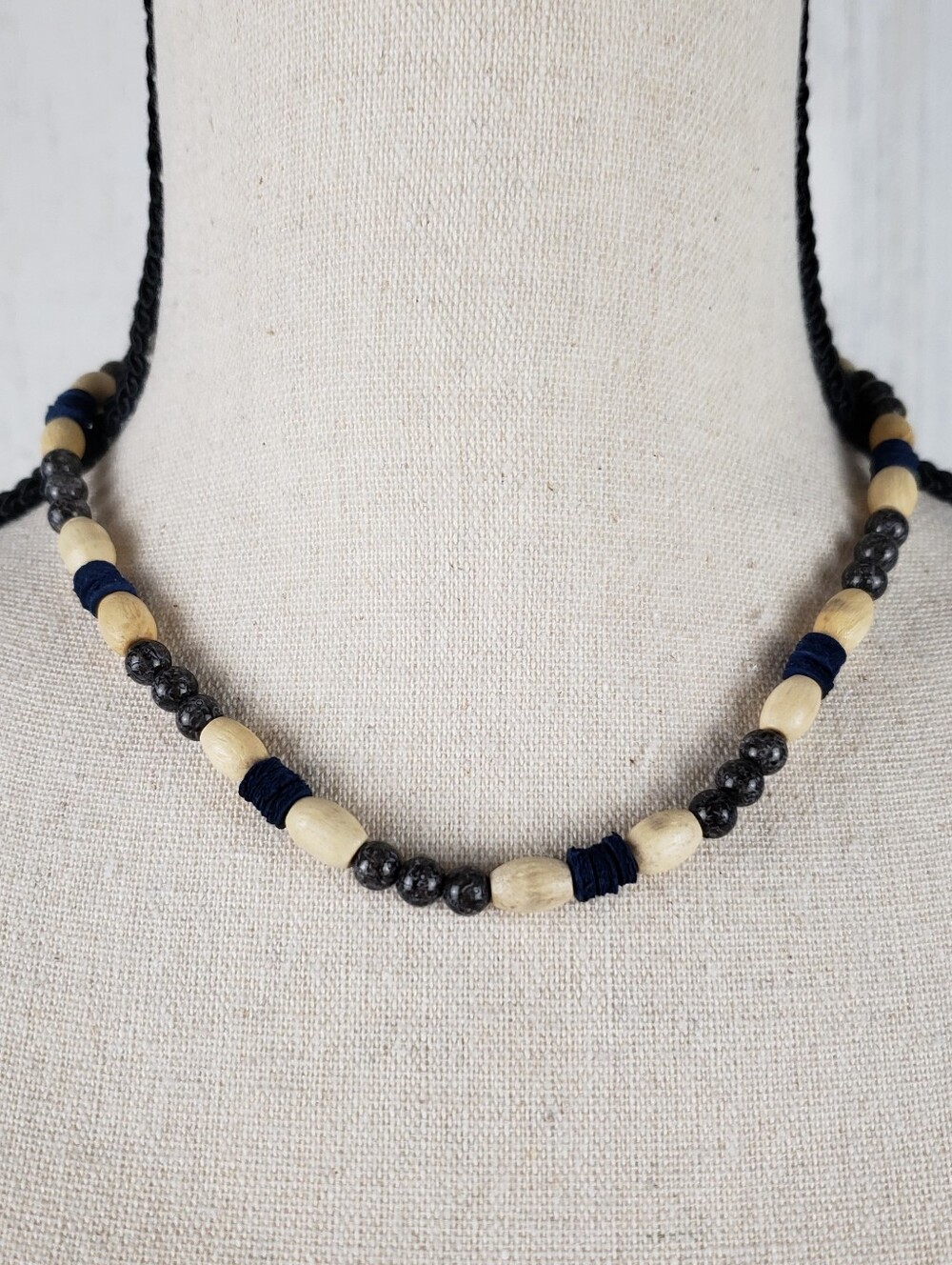 Navy & Natural Wood Beaded Necklace